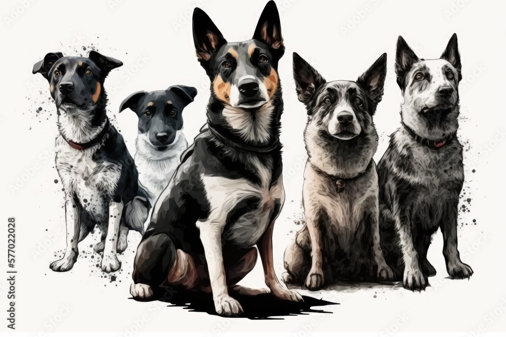 Crossbreed dogs in a group, against a white background. Generative AI