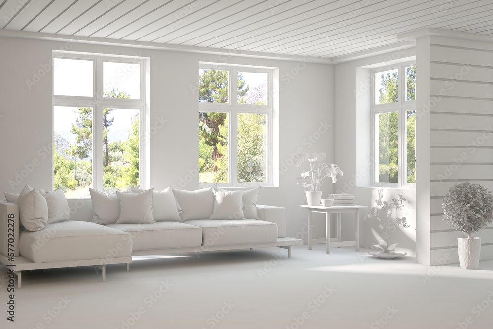 Grey living room concept with sofa and summer landscape in window. Scandinavian interior design. 3D illustration