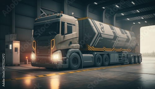 A semi truck parked in a warehouse with a bright light on the side of it hard surface a low poly render photorealism photo