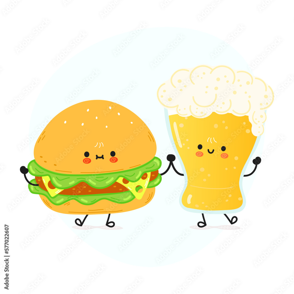 Cute, funny happy glass of beer and Hamburger. Vector hand drawn cartoon kawaii characters, illustration icon. Funny cartoon glass of beer and Hamburger mascot friends concept Cute, funny happy glass of beer and Hamburger. Vector hand drawn cartoon kawaii characters, illustration icon. Funny cartoon glass of beer and Hamburger mascot friends concept