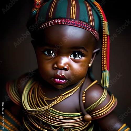 Portrait, african kid baby boy of a tribe. Warrior, Tribal. Looking camera. Generative AI. 