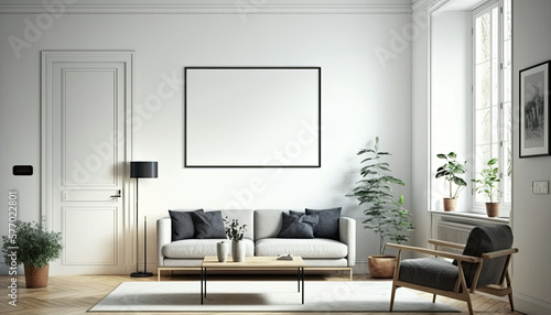 Blank white picture/art frame in a light and modern living room. Mock up template for Design or product placement created using generative AI tools © Salander Studio