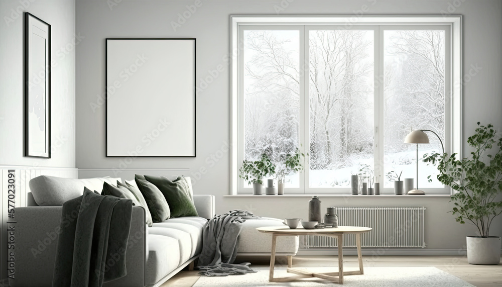 Blank white picture/art frame in a light and modern living room with a big window. Mock up template for Design or product placement created using generative AI tools