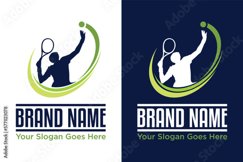 Tennis and tennis player hits the ball with a tennis racket illustration logo design