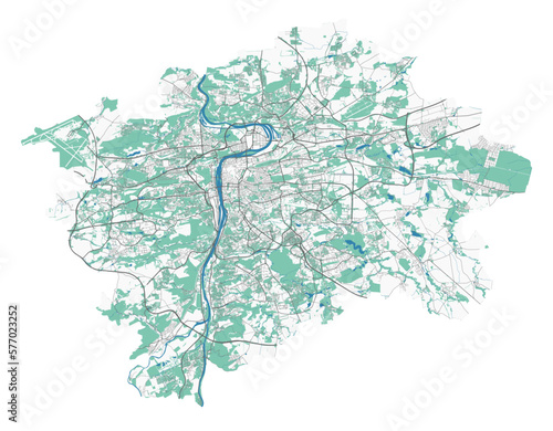 Prague map. Detailed map of Prague city administrative area. Cityscape panorama illustration. Road map with highways, streets, rivers.