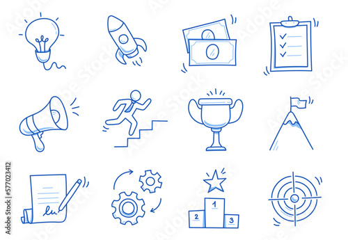 Doodle business icon set. Success, target, goal hand drawn sketch blue pen stroke style icon. Marketing, career, ofiice concept doodle drawn collection. Vector illustration