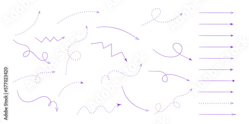 Ręcznie rysowane strzałki w fioletowym kolorze. Zestaw wektorowych strzałek wskazujących różne kierunki: dół, prawo, lewo, góra. Strzałki proste, krzywe, łamane, zakręcone.