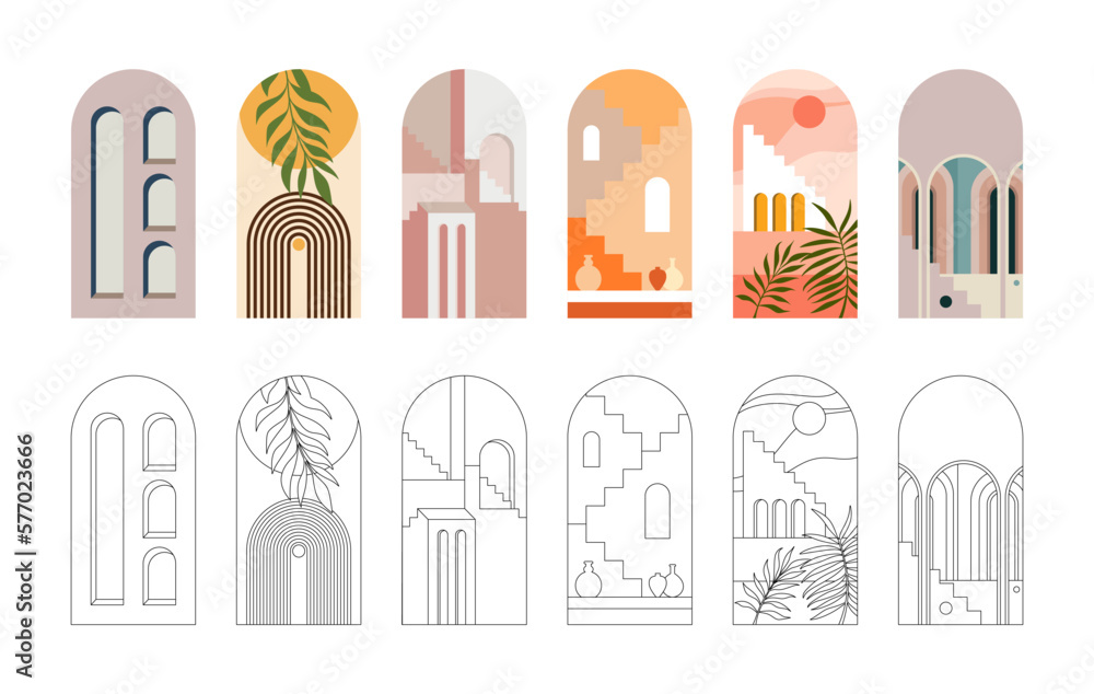 Bohemian architecture in vector isolated on a white background. Interior and decor icons. Houses of Morocco. Abstract drawing of a house with columns. Tropical architecture