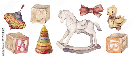 Set of watercolor vintage illustrations with kids toys: whirligig, pyramid, duck, wooden cubes, rocking horse. Isolated.
