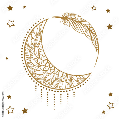 Golden cresent moon illustration. Ethnic style vector graphic.