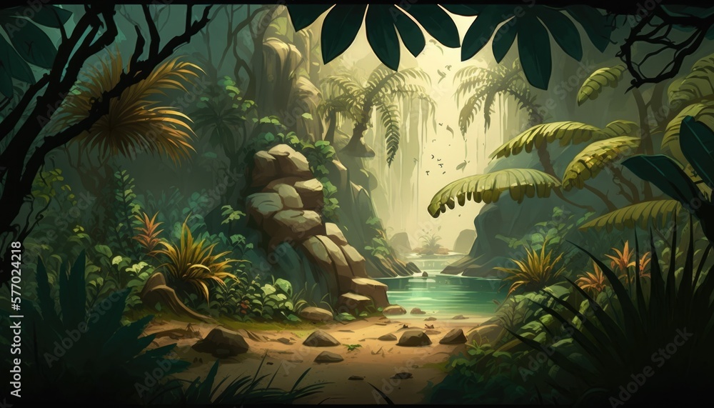 A painting of a jungle scene with a river and rocks in the foreground