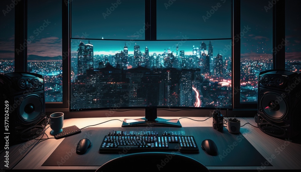 A computer desk with a keyboard and mouse on it in front of a window overlooking a city