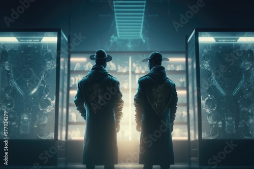 Two people standing in front of a display case in a dark room with aliens in the background promotional image cyberpunk art rayonism photo