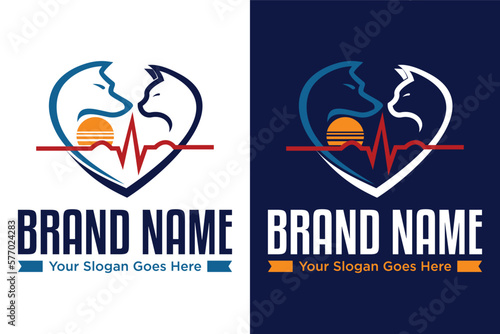 Cat Dog Love with a heart-shaped frame clinic sun illustration logo design