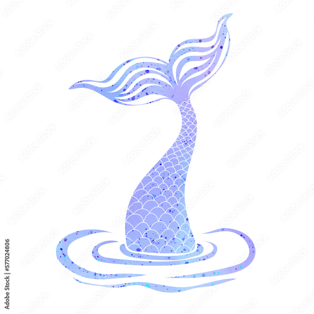 Mermaid tail in water. Watercolor fish tail. Concept of sea and ocean life.  Good for printing press, gifts, shirts, mugs, posters. Vector illustration  Stock Vector
