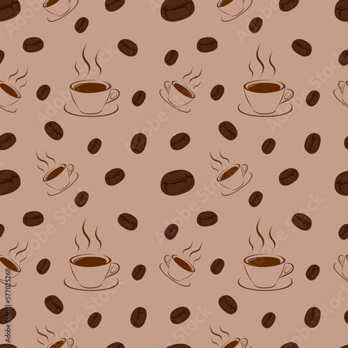 Coffee seamless pattern. Coffee beans and coffee cup. Vector illustration
