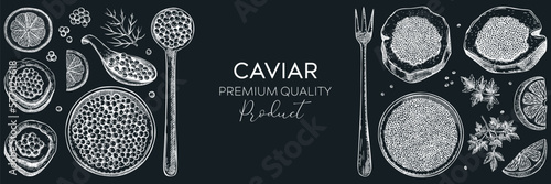 Seafood background design with red caviar canape, canned black caviar, lemons and spices on chalkboard. Sea delicacy illustrations set for restaurant or finger food menu