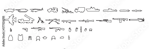 outlined weapon icons. graphic resources of various weapons.  military icons collection.