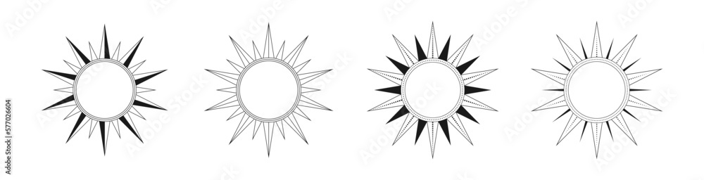 Abstract celestial sun vector illustration set. Bohemian mystic symbol bursting sun rays. Magic talisman, antique tribal style, boho, tattoo, art print, tarot