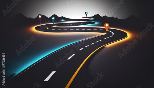 Neon color roadmap, street, dark background with goals created with generative ai technology