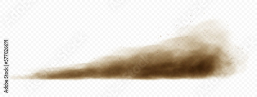 Brown dusty cloud or dry sand flying with a gust of wind. Sandstorm realistic texture with small particles or grains of sand. Vector realistic illustration.