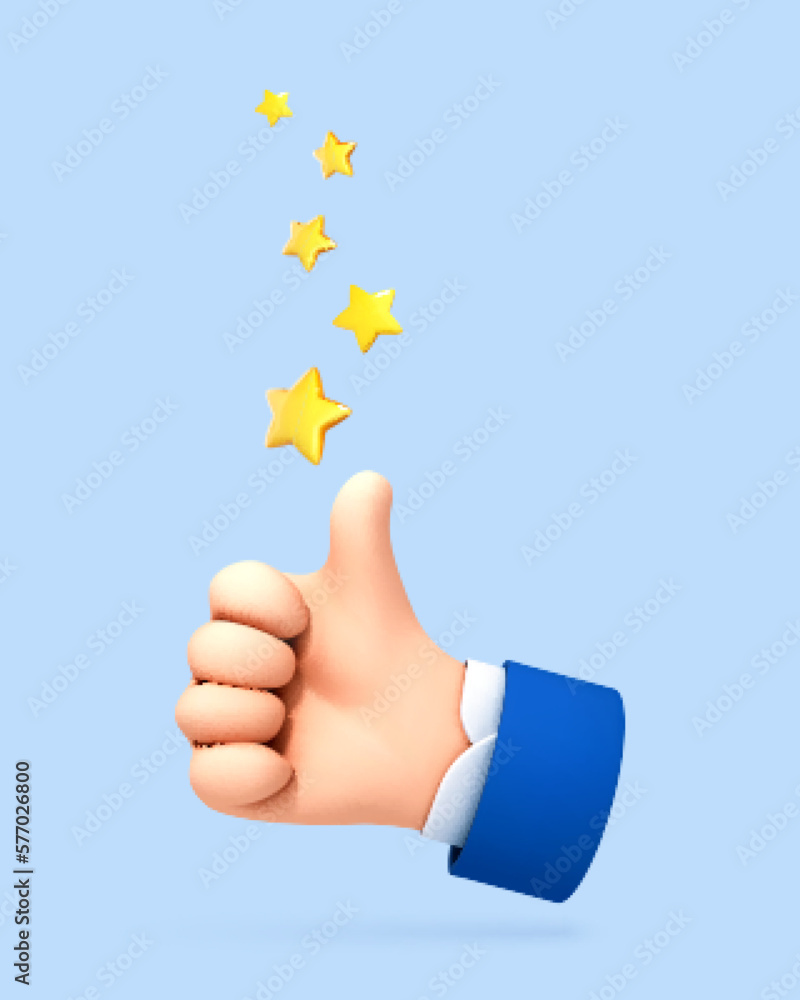 3D cartoon thumb up with a five star rating. Customer evaluation. Customer review rating. Vector 3d illustration. 3D cartoon thumb up with a five star rating. Customer evaluation. Customer review rating. Vector 3d illustration.