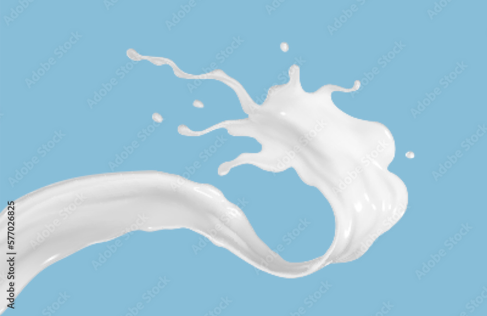 Milk splash isolated on blue background. Liquid or yogurt splash. Vector 3d illustration..