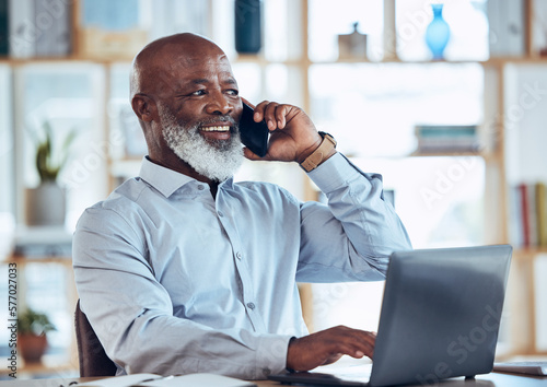 Obraz na płótnie Talking black man, laptop or phone call in corporate networking, negotiation or client rapport on finance loan deal