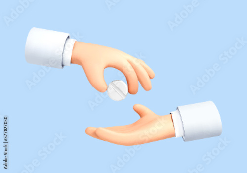 3D doctor or pharmacist cartoon hand holds big white tablet or pill. Pharmaceutical and medical care concept. Vector 3d illustration
