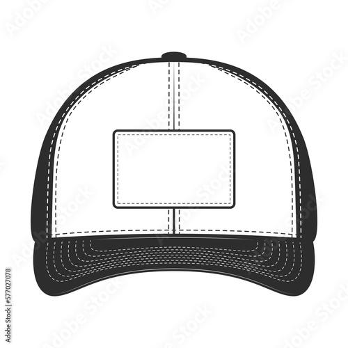 Baseball cap realistic front view monochrome style vector illustration isolated on white background.
