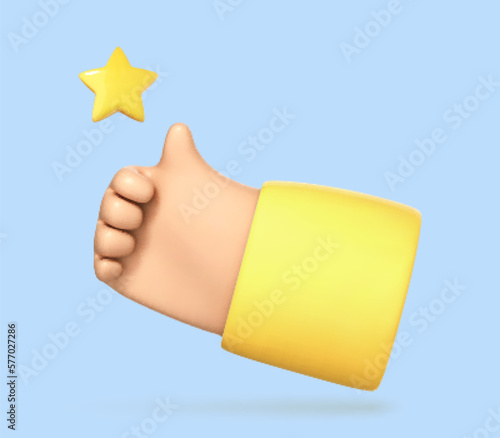 3D cartoon hand thumb up for success or good feedback. Positive concept and like symbol. Customer review rating and client feedback concept. Vector 3d illustration.