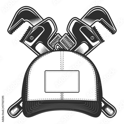 Baseball cap with business repair mechanic spanner or construction wrench tool monochrome style vector illustration isolated on white background