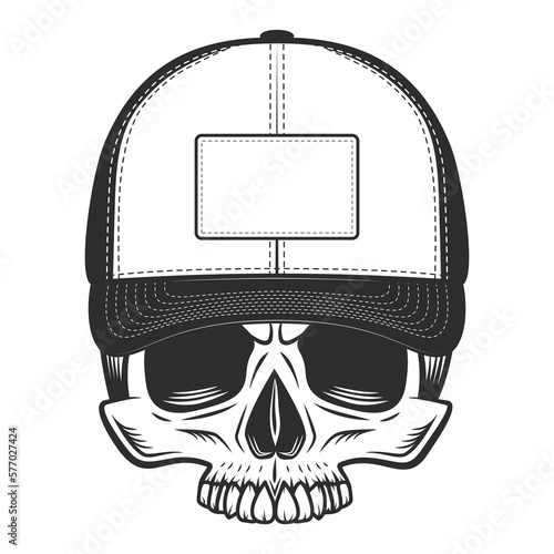 Skull without jaw in baseball cap in vintage monochrome style isolated vector illustration