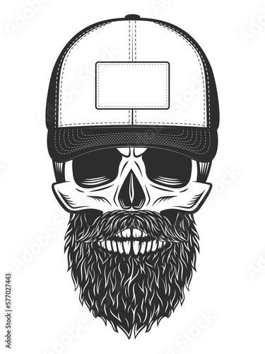 Skull in baseball cap with beard and mustache vintage monochrome isolated vector illustration