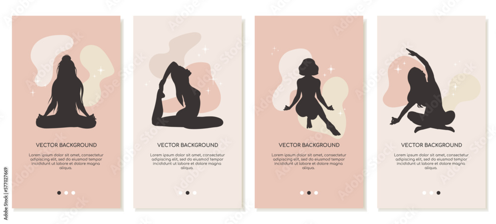 Set of girls in different yoga poses in silhouette. Vertical templates for social media. Vector