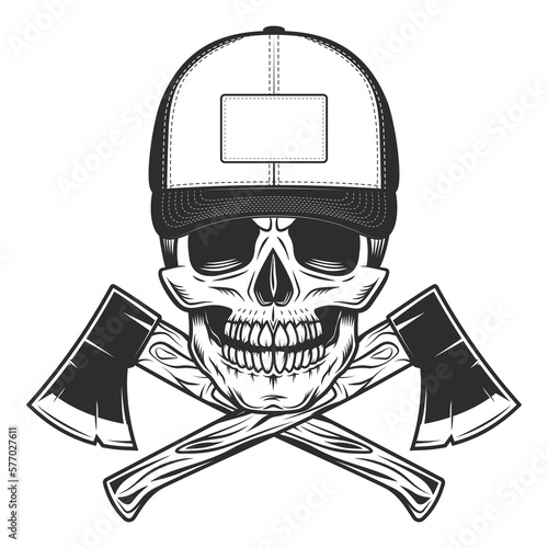 Skull in baseball cap with construction lumberjack axe in vintage monochrome style isolated vector illustration