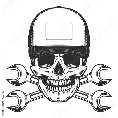 Trucker skull in baseball cap and crossed spanner wrenches from rapair truck vintage monochrome isolated vector illustration