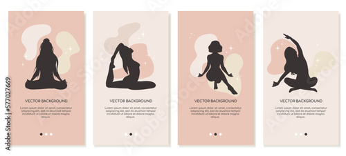 Set of girls in different yoga poses in silhouette. Vertical templates for social media. Vector