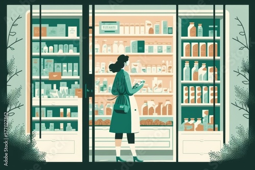 A woman is looking at a phone in a store refrigerator door while she is shopping editorial illustration a storybook illustration les automatistes photo