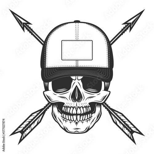Skull in baseball cap with arrow with arrowhead vintage vector illustration