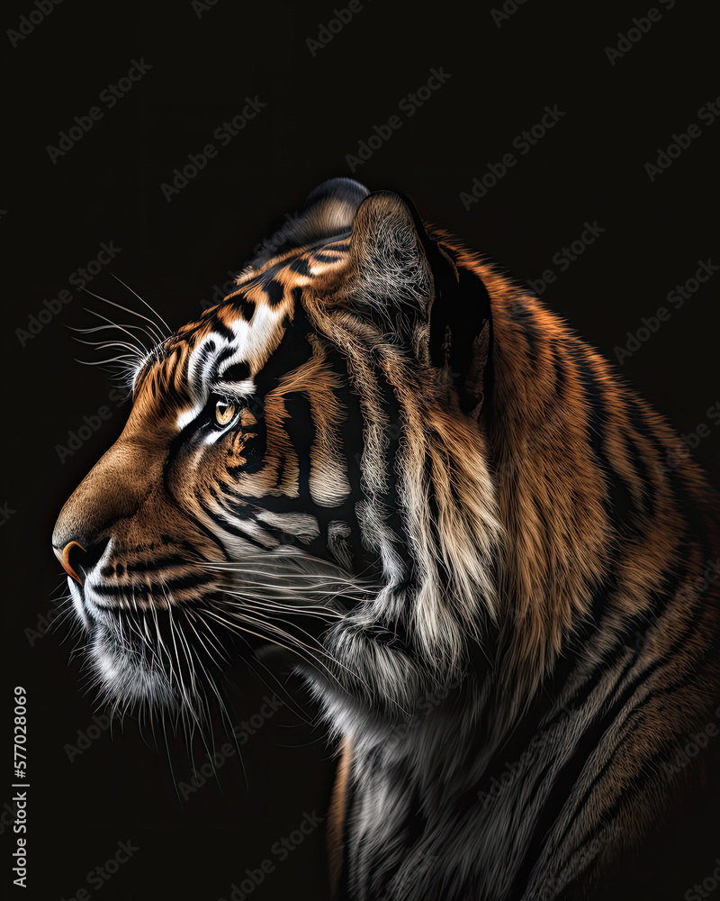 Generated photorealistic profile portrait of a tiger 