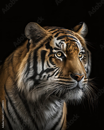 Generated photorealistic upright portrait of a tiger 