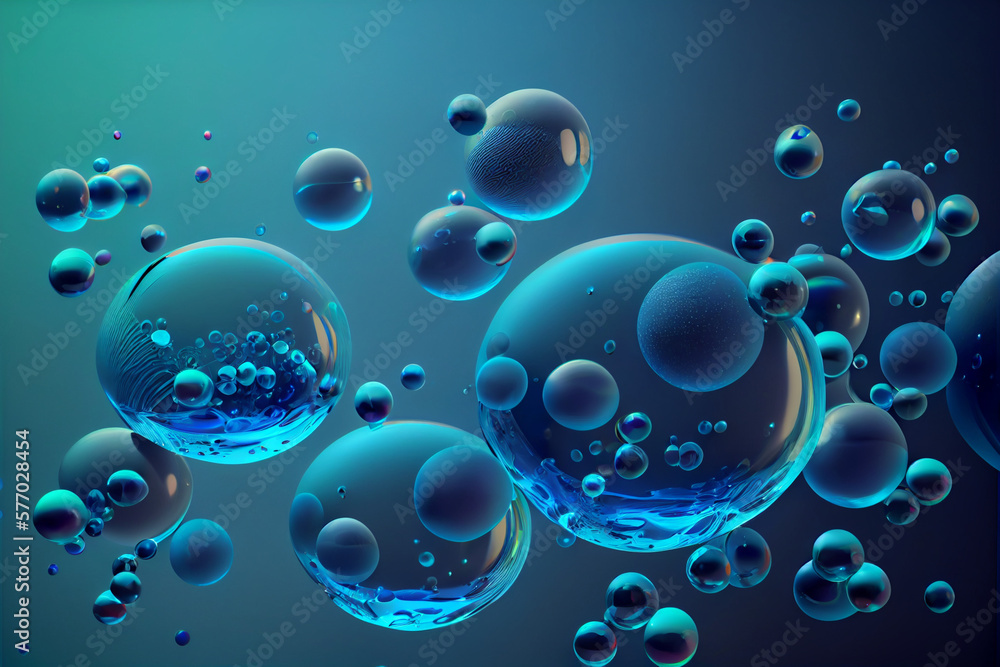 bubbles in the water, macro photography, blue background. AI Generated