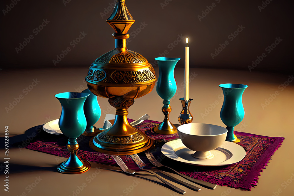 A beautifully designed interior of a restaurant with a Ramadan-themed dining table. Generative AI A beautifully designed interior of a restaurant with a Ramadan-themed dining table. Generative AI