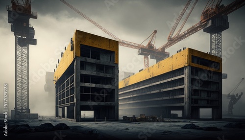 A couple of large buildings under construction with cranes in the background and a dark sky cryengine a detailed matte painting brutalism photo