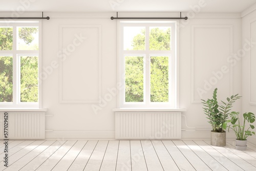 White empty room with summer landscape in window. Scandinavian interior design. 3D illustration