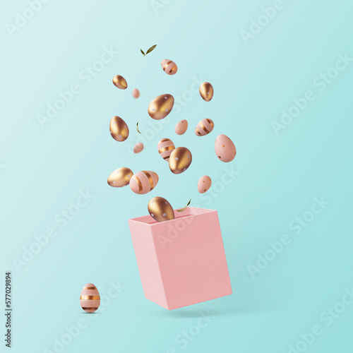 Canvas Print Golden and pink Easter eggs in motion, flying out of the box, against blue background