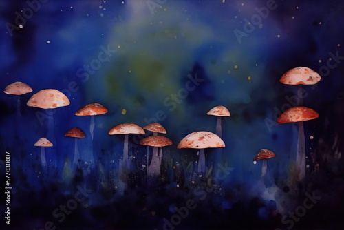 Watercolor soft, Acid poisonous mushrooms in the mysterious forest. Generative AI.