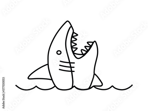 the shark's head is above the water wanting to pounce on its prey