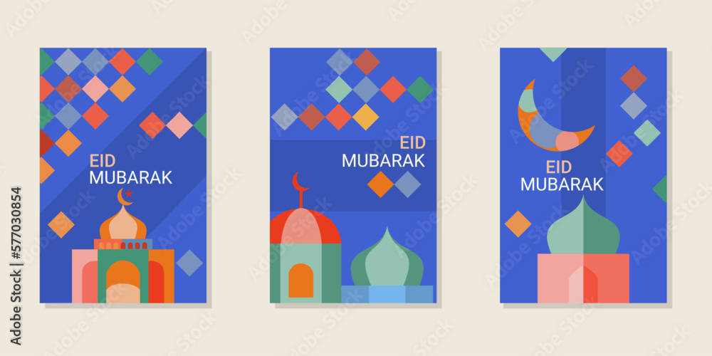 set of eid mubarak greetings with geometric style and cheerful colours. bundle of eid mubarak template